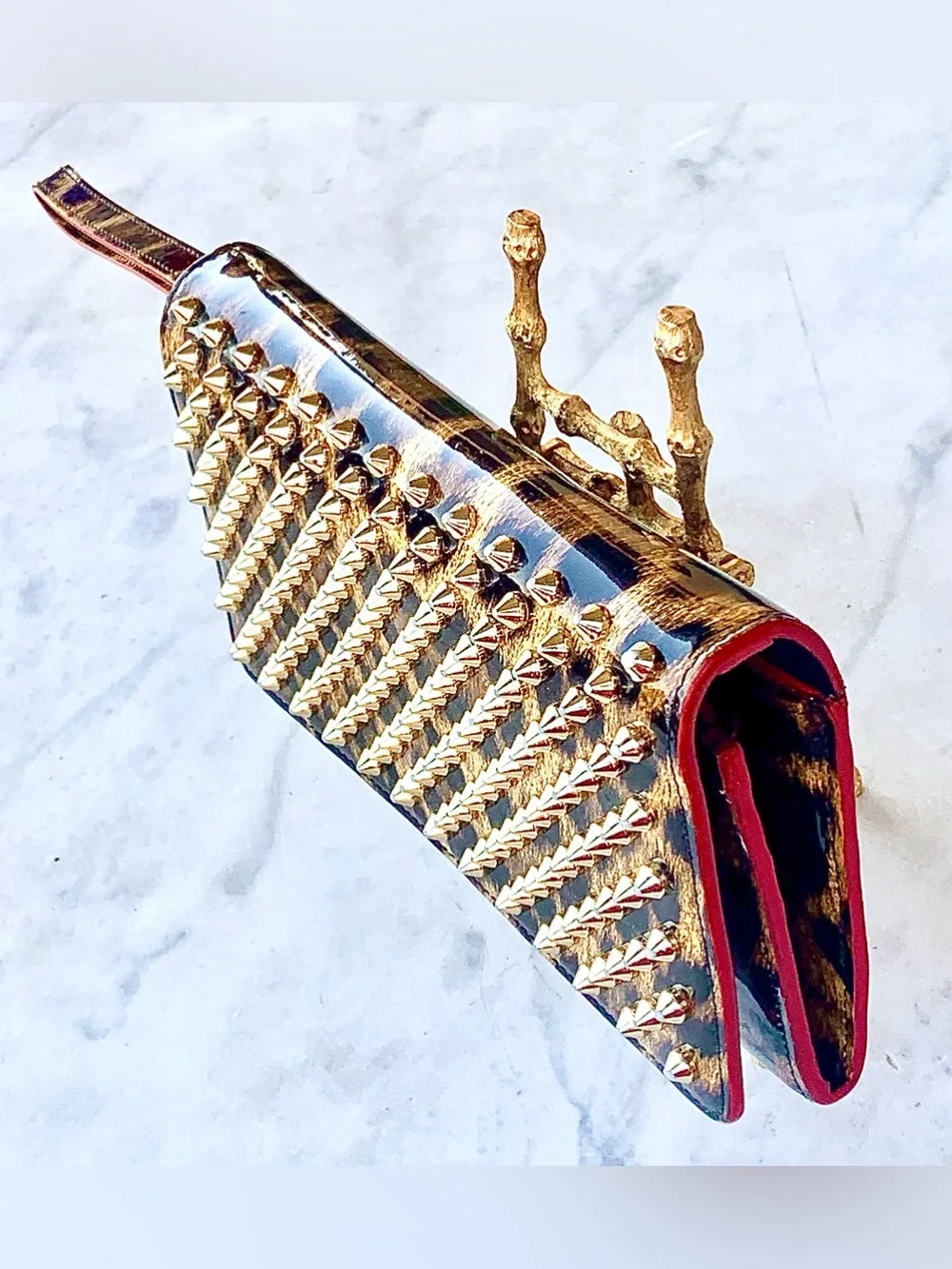 CHRISTIAN LOUBOUTIN MACARON PATENT SPIKED FLAP WALLET CLUTCH LEOPARD WRISTLET